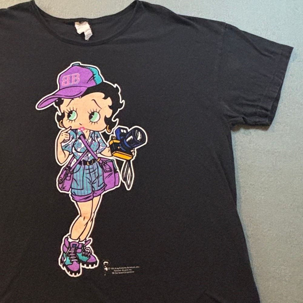 VTG Y2K Betty Boop Photographer T-Shirt Womens XL Black 90s Cartoon Retro